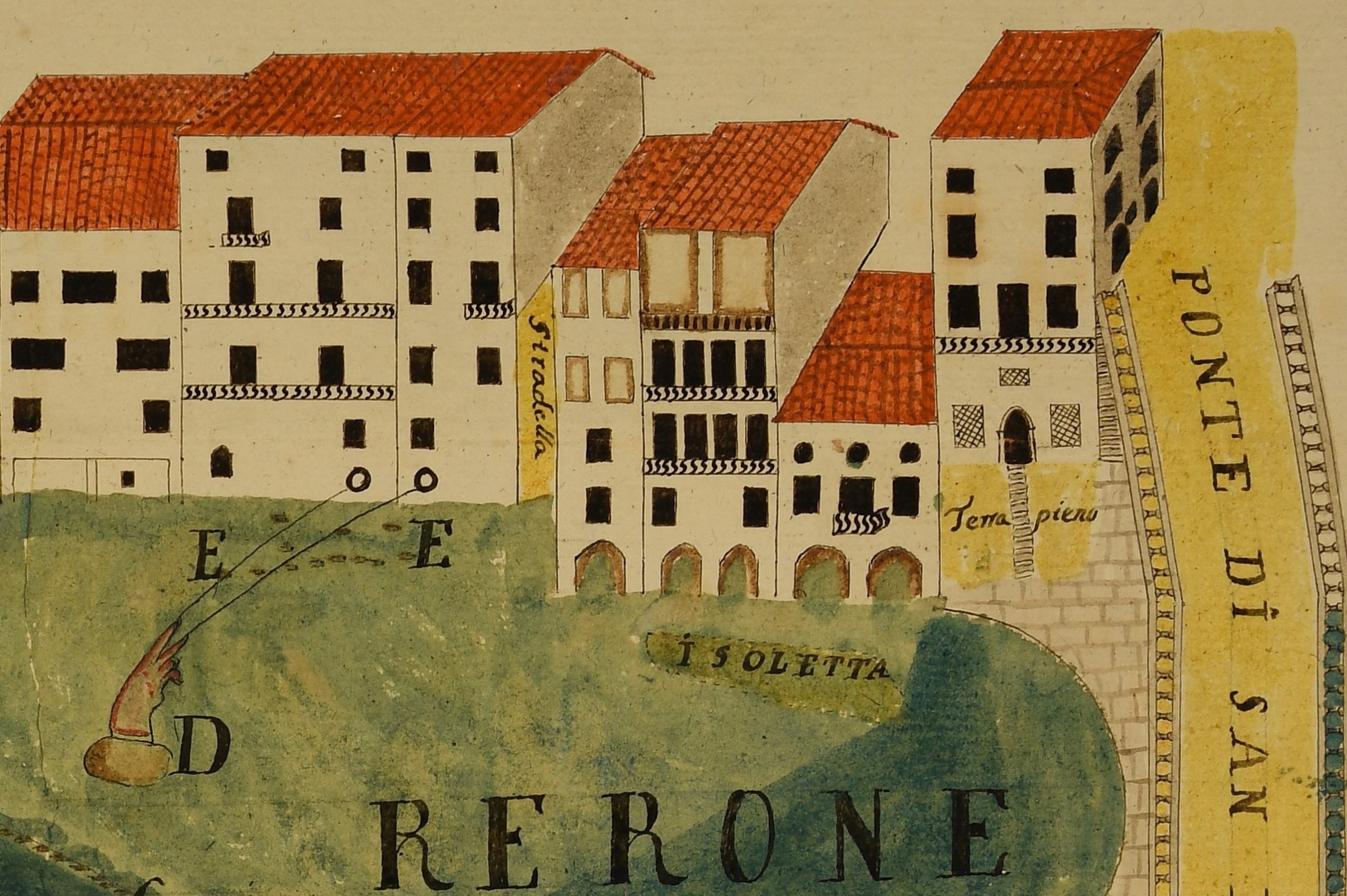 Disegno su carta del 1757 del pubblico perito Carlo Crestani di un tratto del fiume Retrone attraverso la città di Vicenza