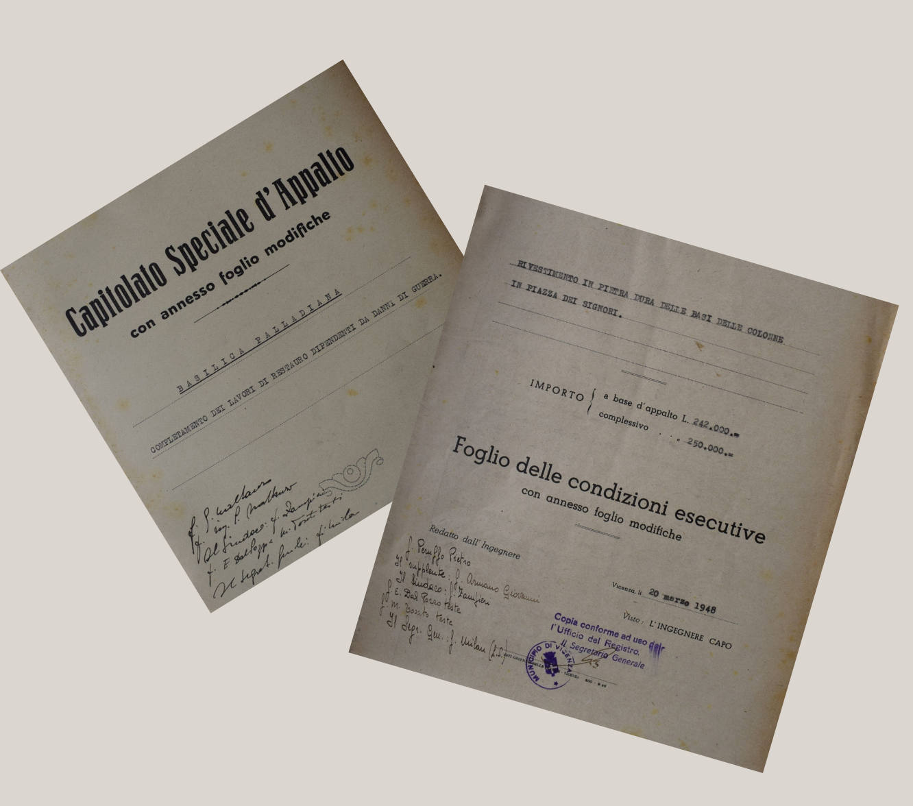 Copertine dei capitolati di contratti di ricostruzione a Vicenza negli anni '40